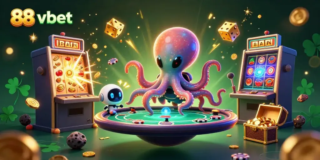 Visualize 88 vbet's gaming excitement with a vibrant alien-themed illustration featuring a holographic poker table and animated casino elements.