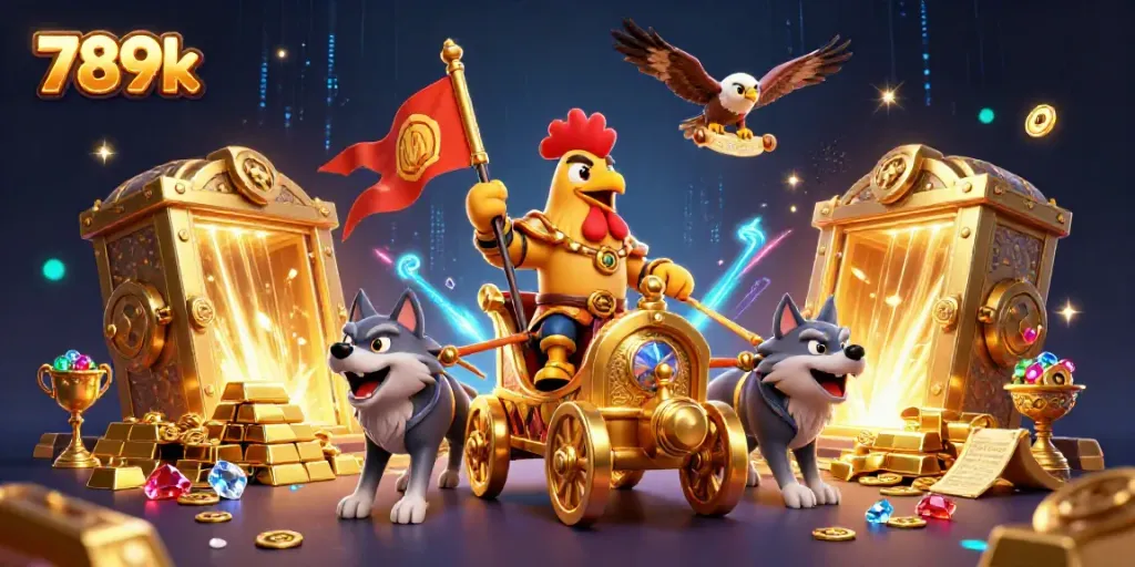 Experience the thrill of 789k gambling with a vibrant scene of a warlord, riches, and game elements.