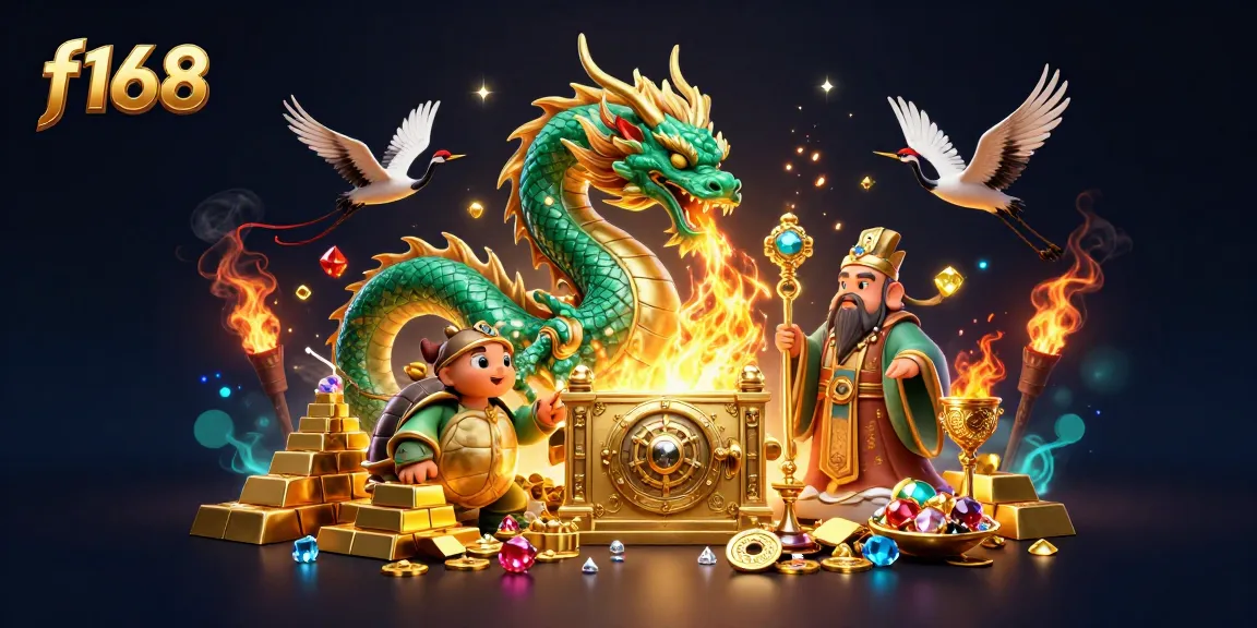 Experience the excitement of f168 with a jade dragon and treasures in a vibrant casino scene.