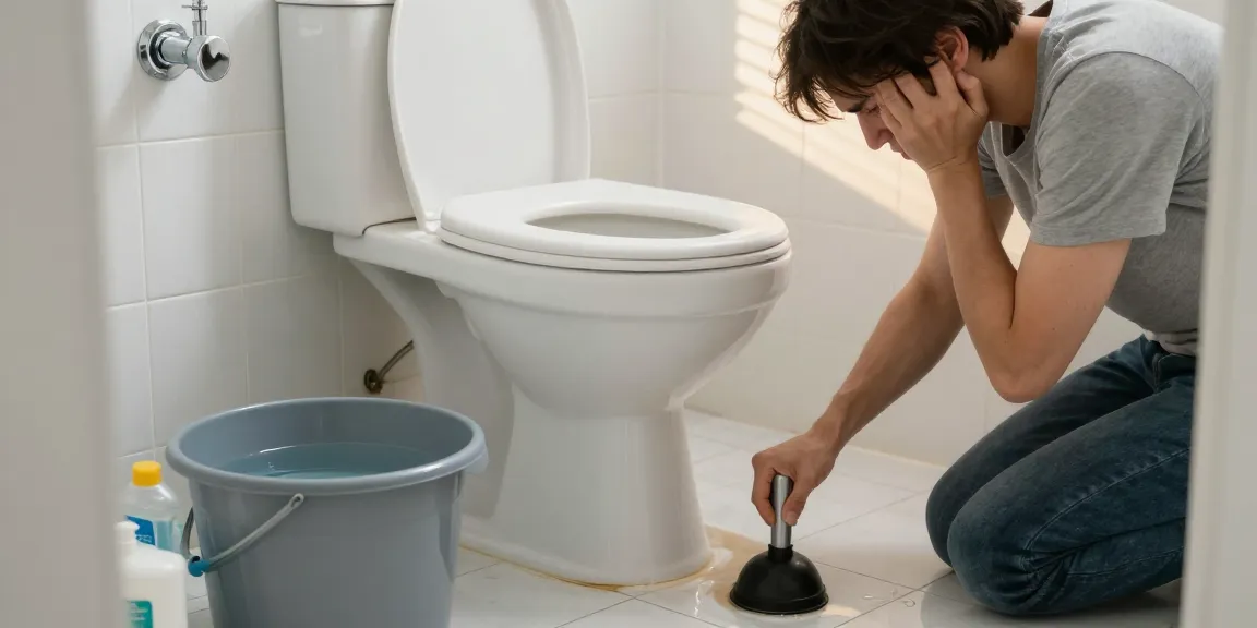 Verstopte wc met persoon die probeert het probleem op te lossen met huismiddelen en gereedschap in een moderne badkamer.