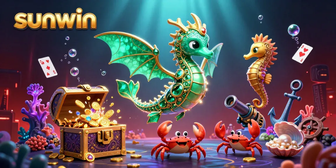 Engage in thrilling gaming adventures at sunwin with a vibrant underwater scene featuring dragons, treasure chests, and casino elements.