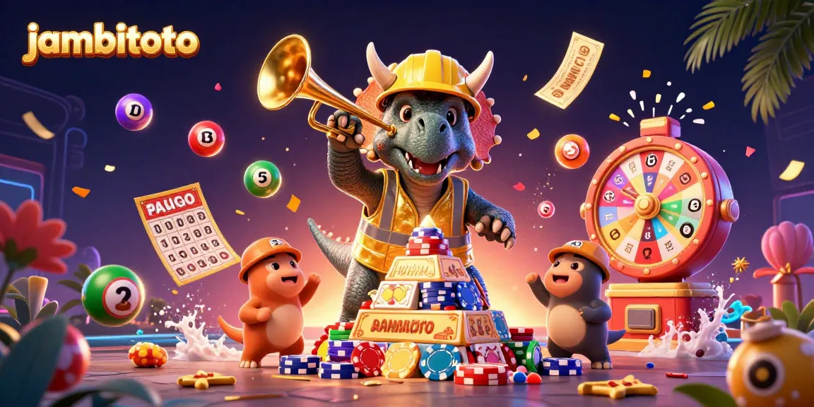 Experience the excitement with jambitoto as a cartoon triceratops builds poker chip pyramids and lottery elements burst around.