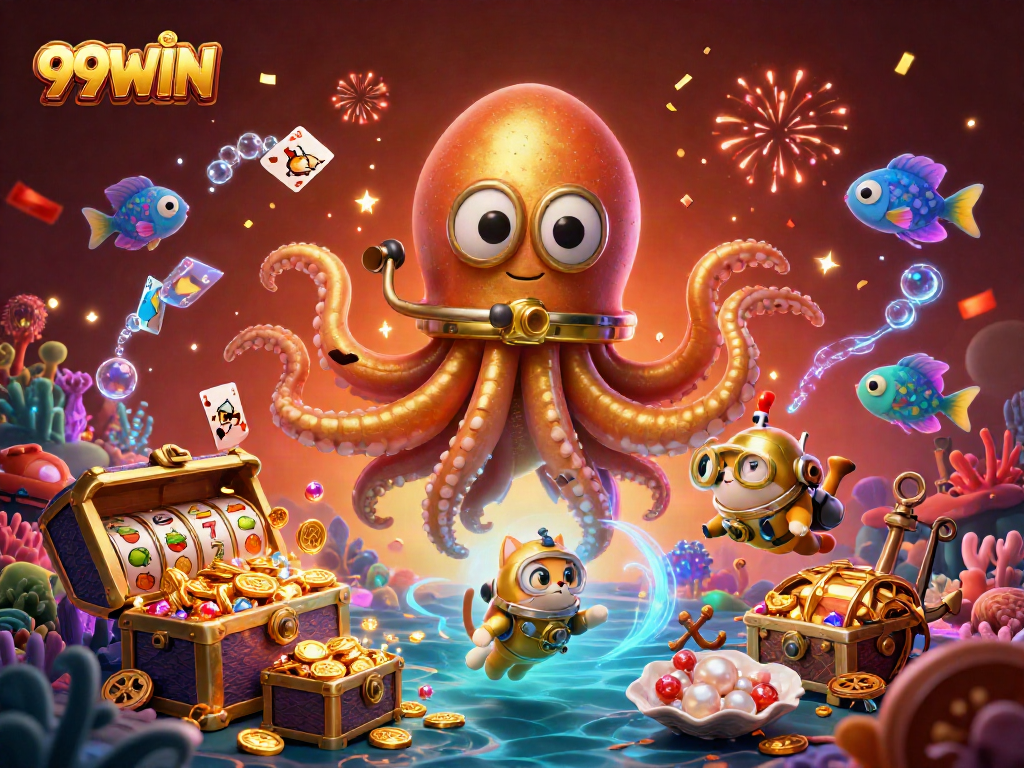 Engage with thrilling jackpots at 99WIN, featuring a kraken, diving cat, and treasure in a vibrant underwater casino scene.