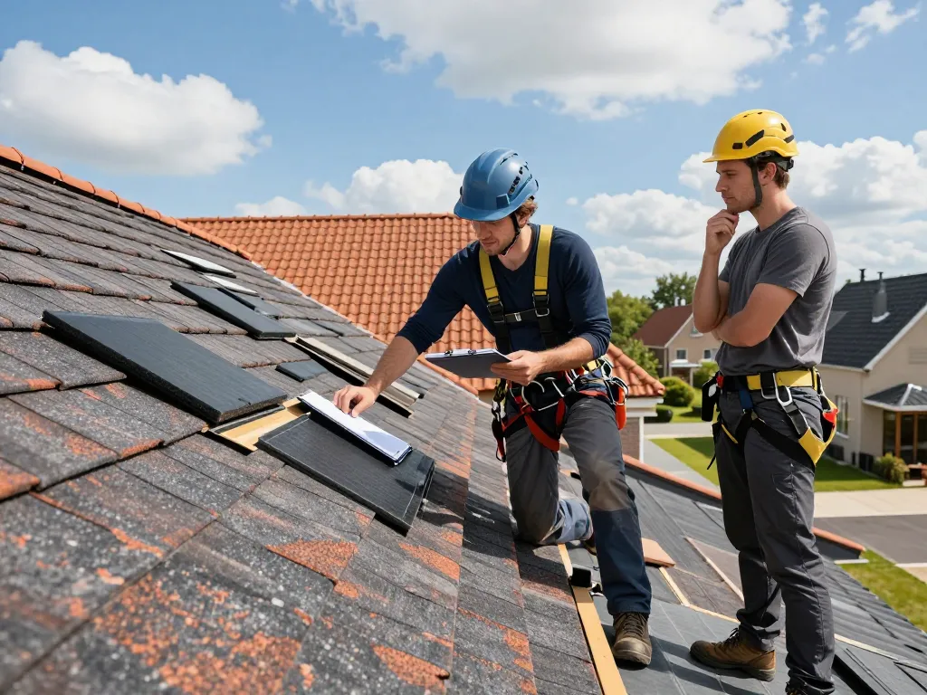 Een ervaren dakdekker in Enschede inspecteert een woondak met verschillende dakmaterialen tijdens een consult met een huiseigenaar.