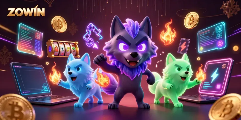 ZOWIN showcases an immersive casino world with shadow wolves, neon coins and slot symbols.