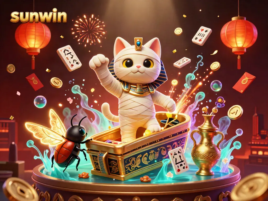 Experience excitement at sunwin with a mummy cat emerging from a sarcophagus amid stunning casino elements.