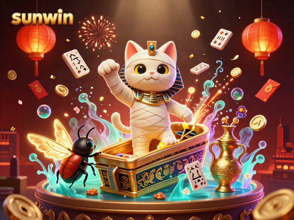 Experience excitement at sunwin with a mummy cat emerging from a sarcophagus amid stunning casino elements.