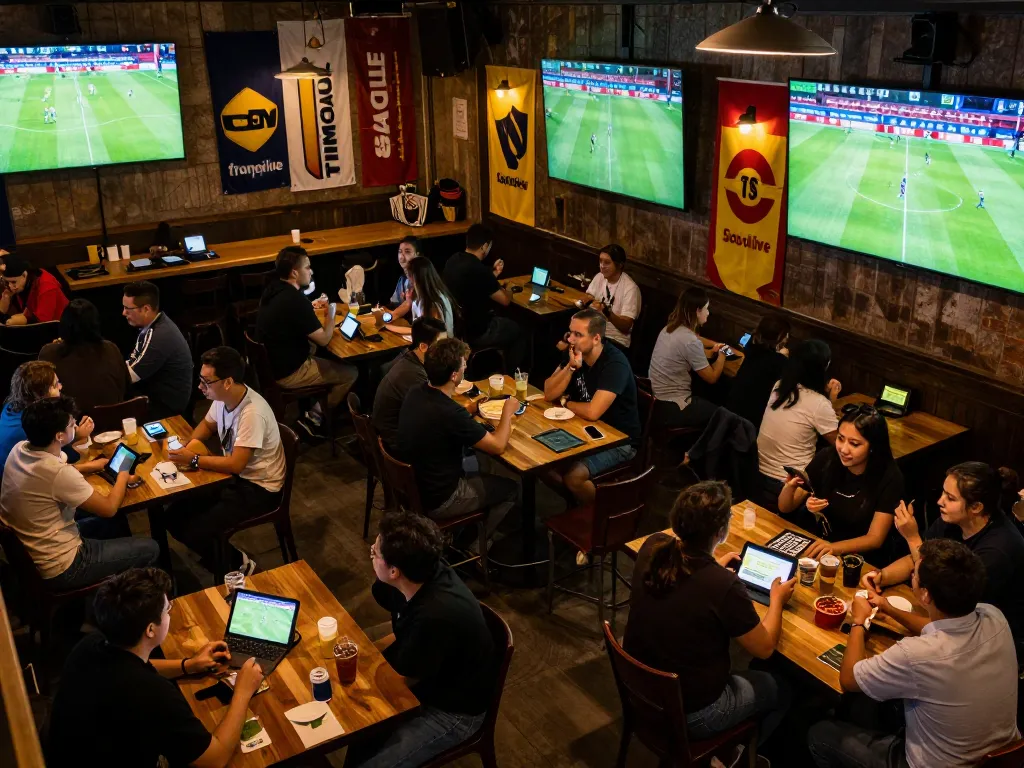 Socolive trực tiếp bóng đá in an exciting sports bar atmosphere with fans actively engaged in betting and watching matches.