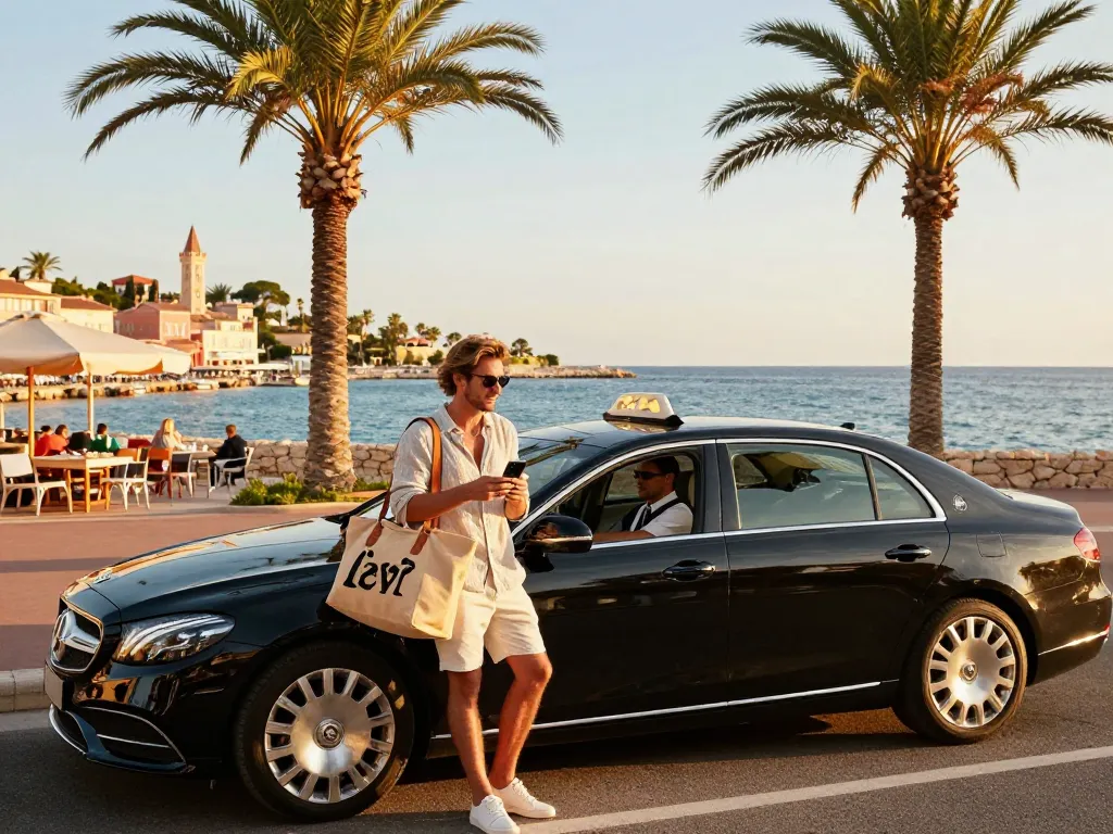Service de luxe Taxi Saint-Tropez avec un voyageur élégant réservant un trajet dans un paysage côtier
