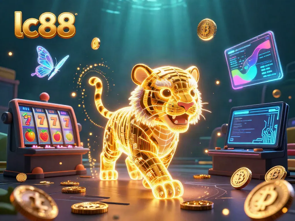 Experience the thrill of lc88's digital casino with a neon tiger and vibrant game elements.