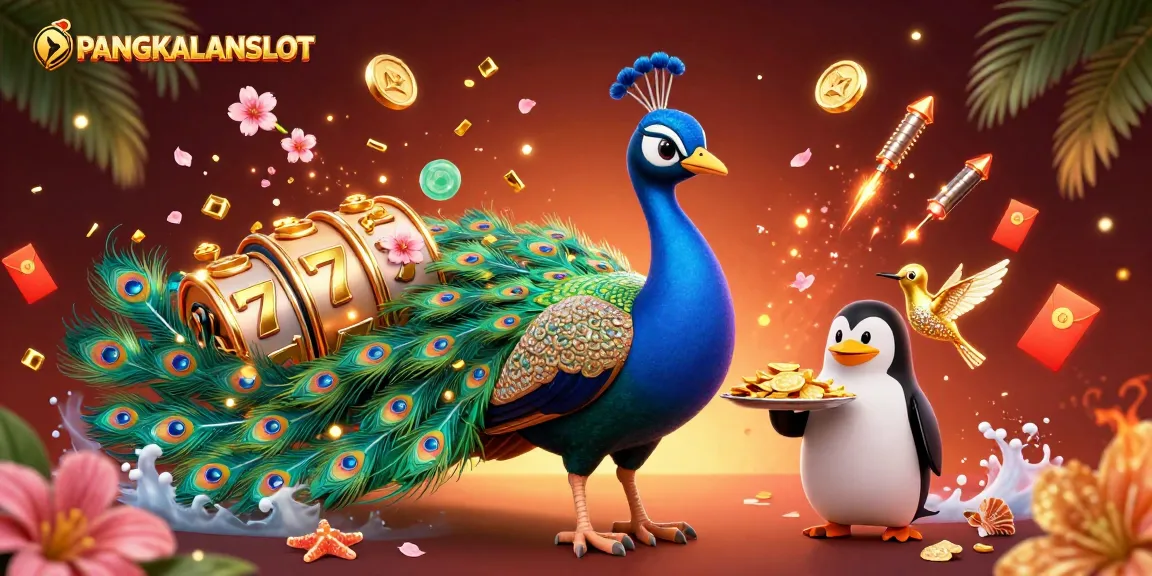 PANGKALANSLOT brings a vibrant casino experience with a peacock, penguin, and hummingbird amidst sparkling gaming elements.