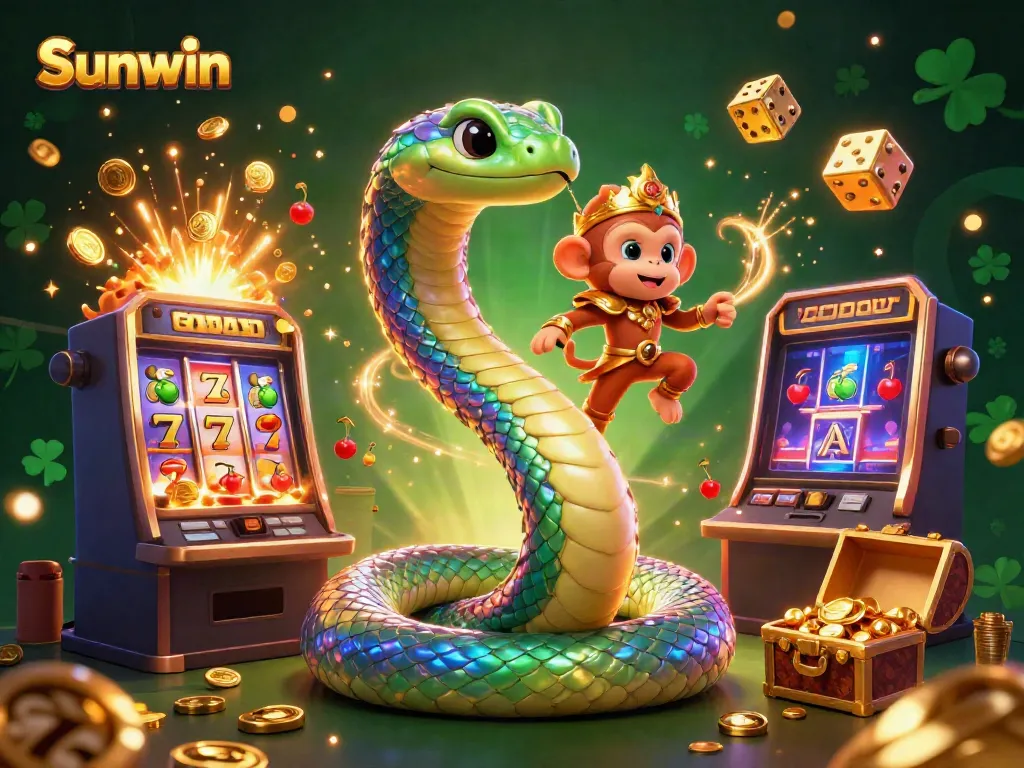 Experience the vibrant excitement of Sunwin showcased in a dynamic casino scene with colorful characters and game elements.