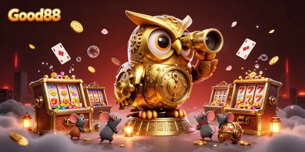 Exciting scene of Good88 with a clockwork owl monitoring a vibrant casino floor, showcasing dynamic game elements.