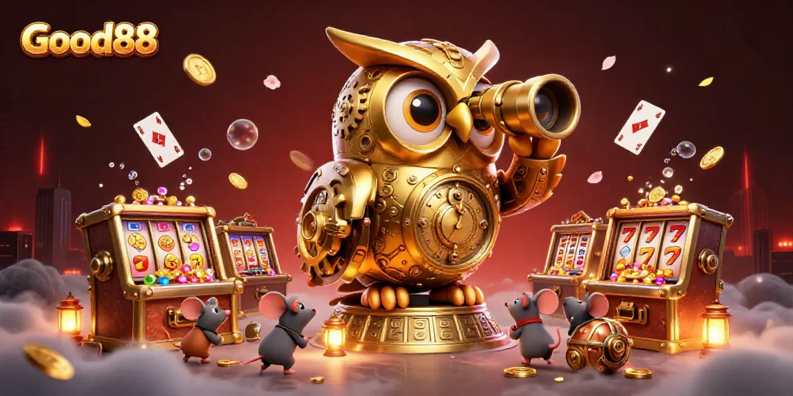 Exciting scene of Good88 with a clockwork owl monitoring a vibrant casino floor, showcasing dynamic game elements.