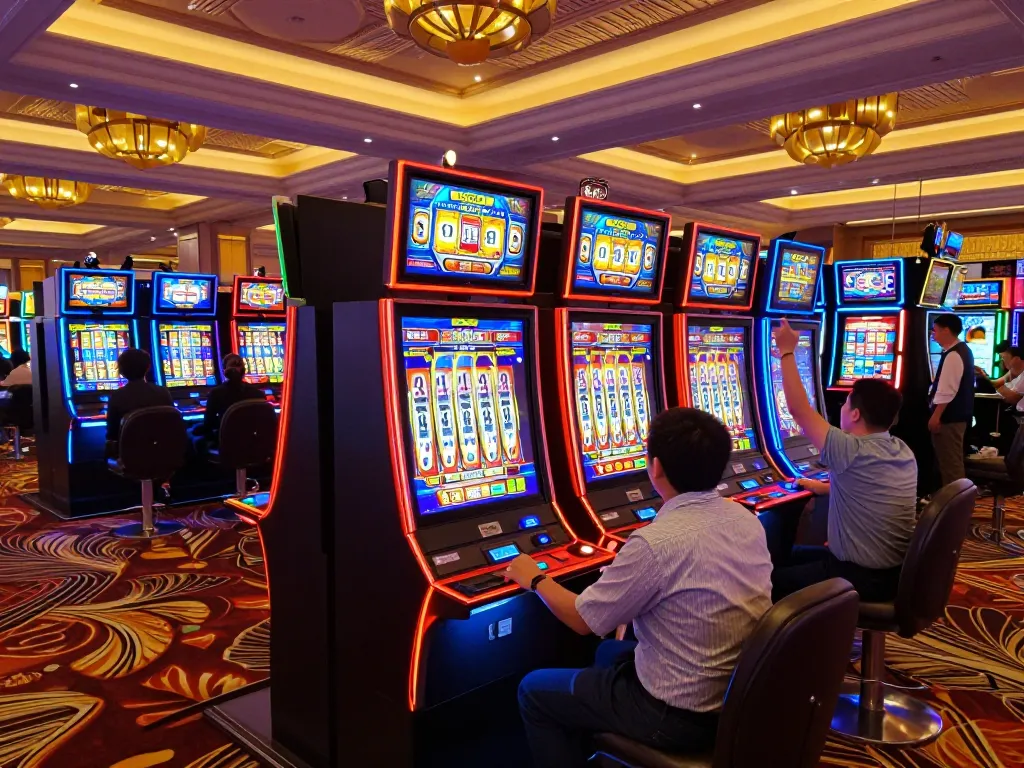 Players engaging with colorful slot machines at Jun 88 casino, highlighting excitement and winning
