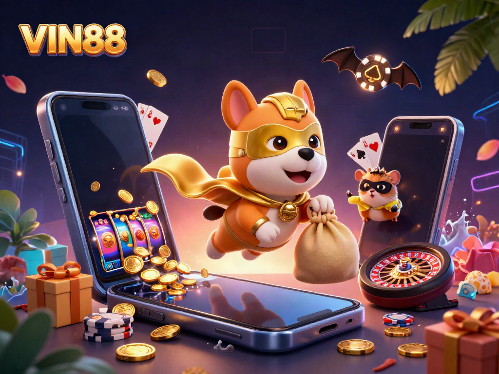 Engaging scene of superheroes in the casino world, showcasing VIN88's vibrant gaming experience with gold coins and poker elements.
