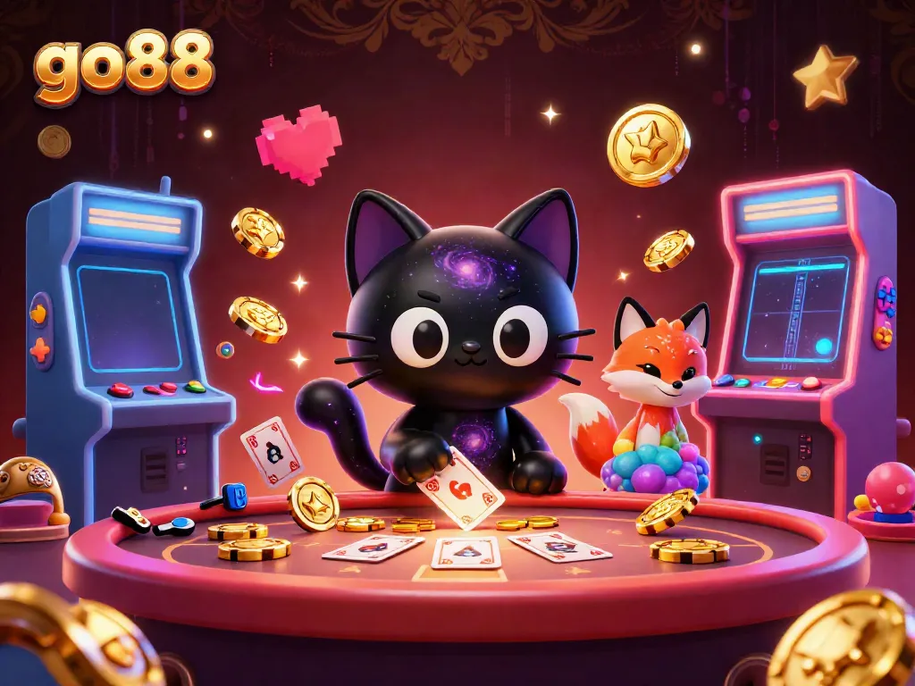 Enter thrilling gameplay at go88 with vivid casino elements in a cosmic setting, alongside enchanting companions.