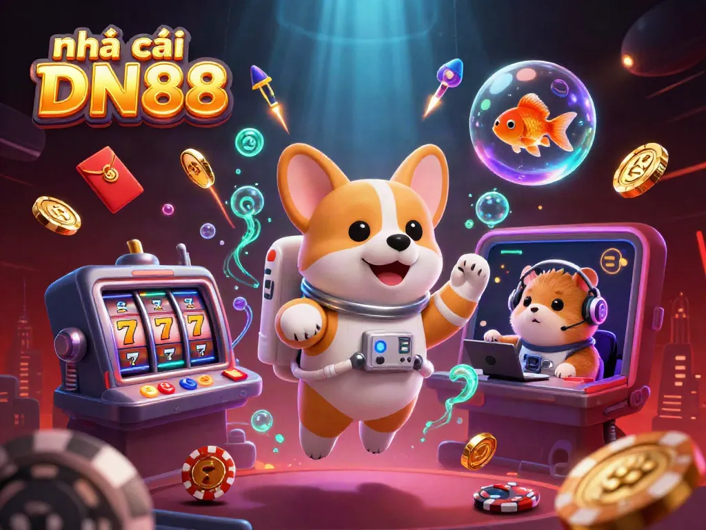 Experience excitement at nhà cái DN88 with a playful astronaut corgi exploring a space casino.