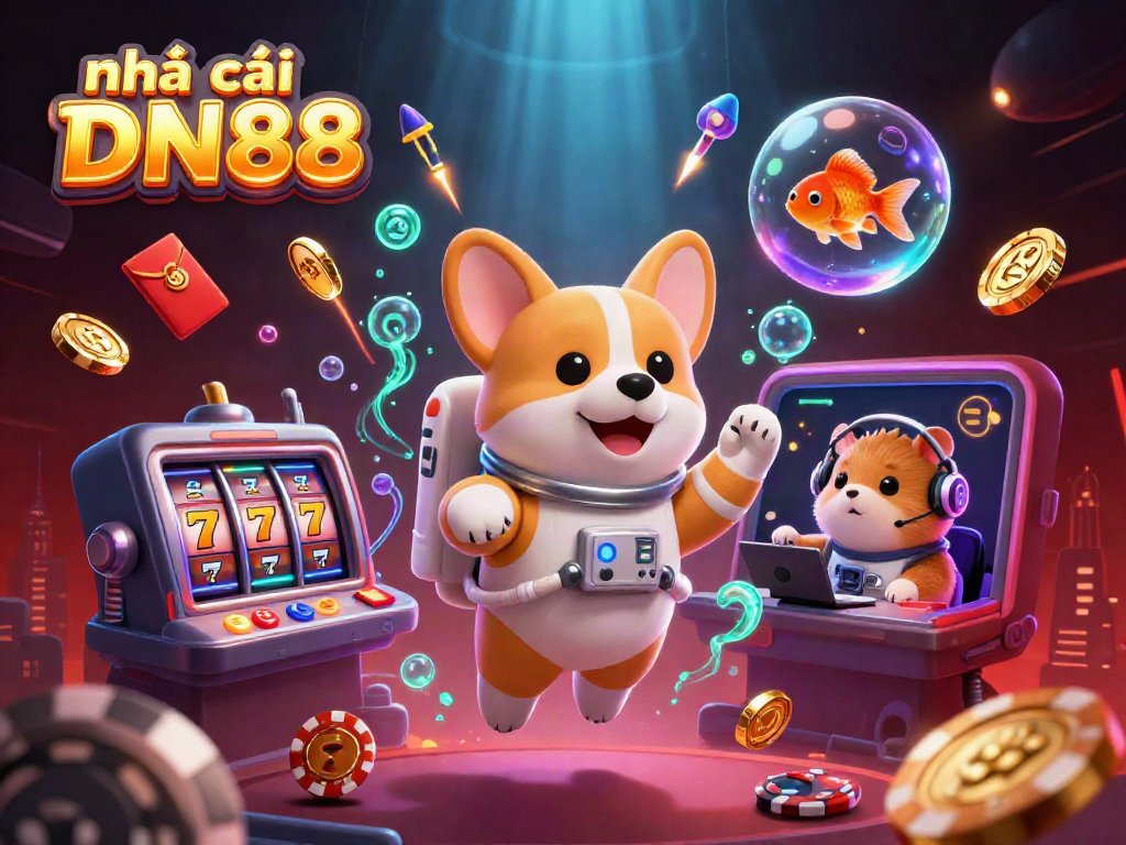 Experience excitement at nhà cái DN88 with a playful astronaut corgi exploring a space casino.