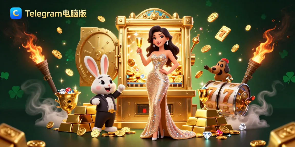 体验Telegram电脑版,旁边是喷发金币的老虎机,举杯庆祝。
