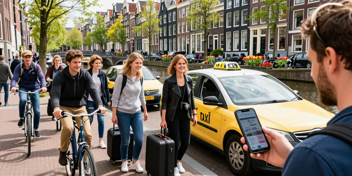 Taxi Amsterdam dienst in levendig stadsleven met reizigers en iconische grachten.