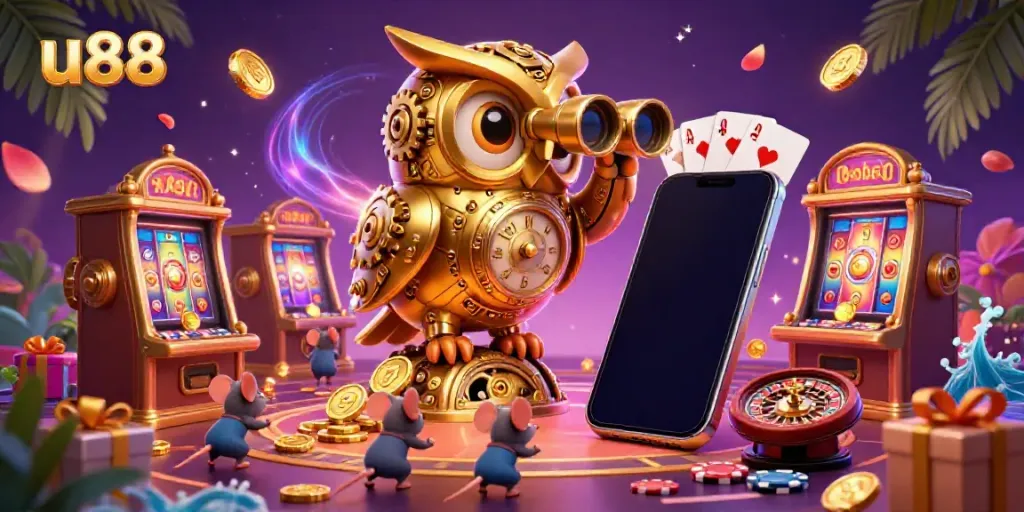 Discover the vibrant casino world of U88, featuring a golden owl overseeing playful mouse patrons amidst a thrilling slot game scene.