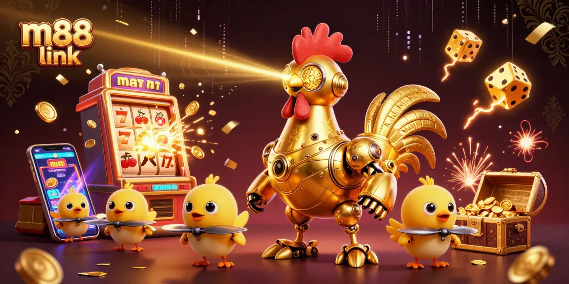 Experience thrilling action with M88 link, featuring a golden rooster robot and baby chick drones celebrating casino wins.