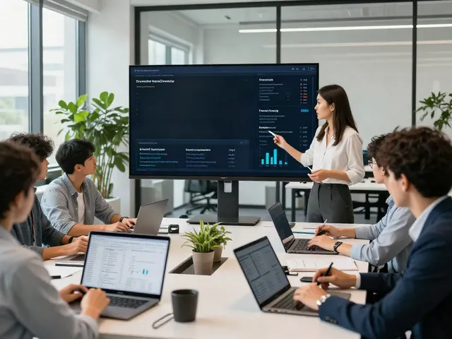 Team collaborating on ChatGPT brand monitoring strategies in a modern office.