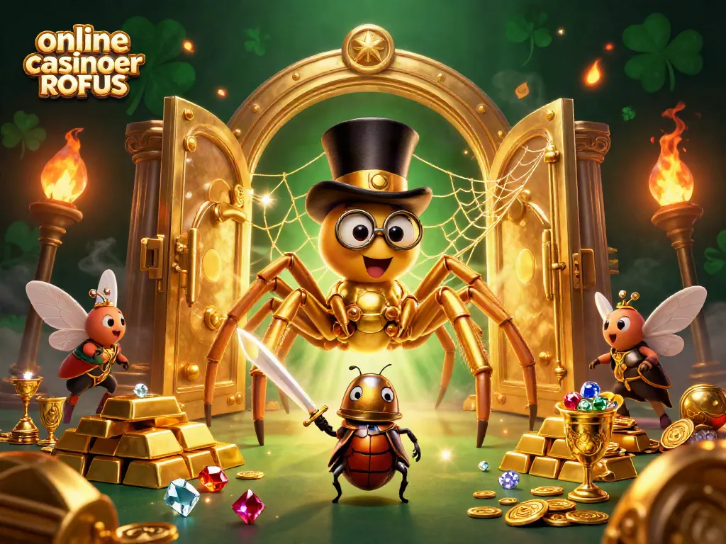 Engaging scene of online casinoer uden ROFUS with vibrant characters and dazzling treasures.