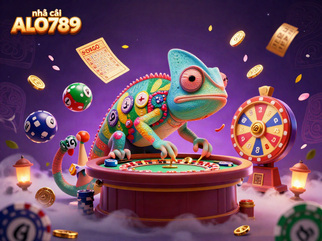 Experience the excitement of nhà cái ALO789 with vibrant graphics showcasing a colorful casino scene filled with games.