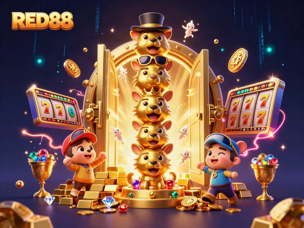 Experience winning chances with the vibrant and colorful RED88 casino scene featuring animated characters and treasures.