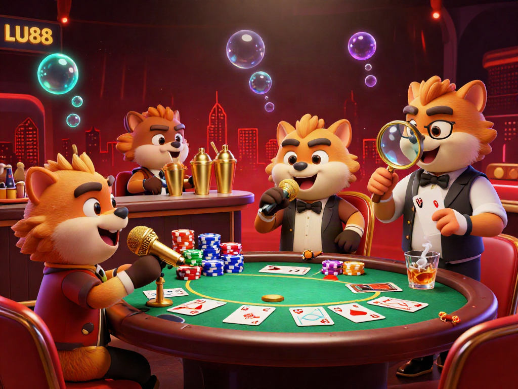 LU88 hyenas entertain in a vibrant comedy casino with poker and drinks.