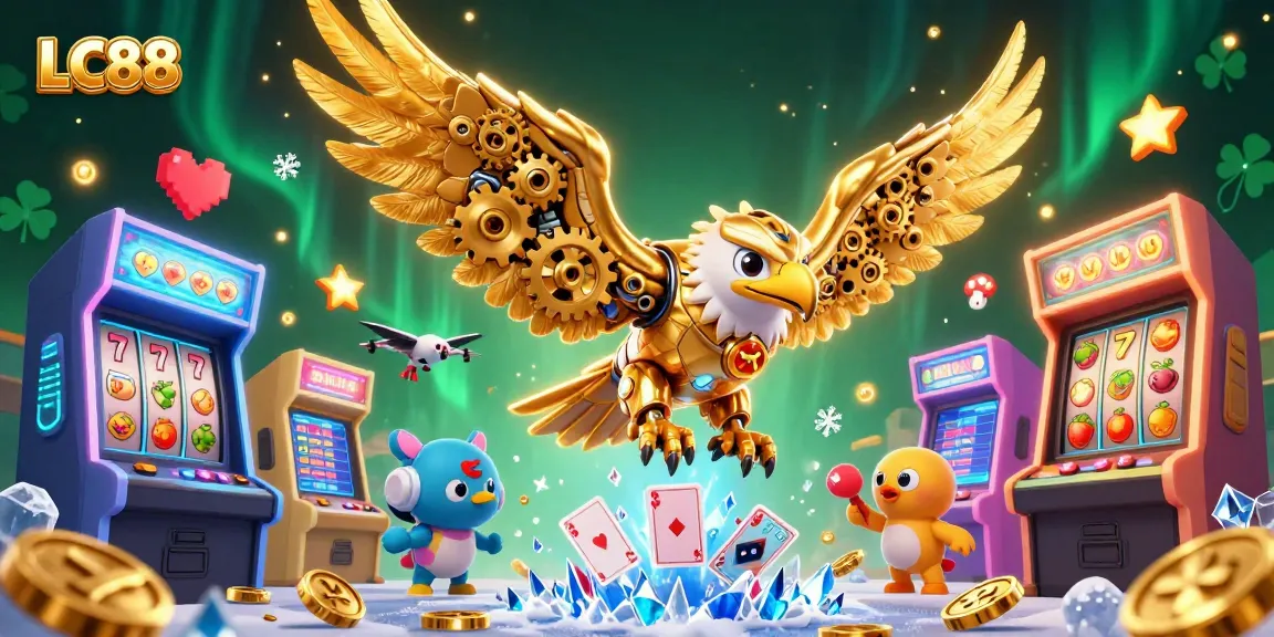 Experience thrilling gaming action with LC88 showcasing a dynamic cybernetic eagle in a vibrant casino scene.