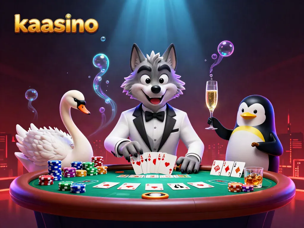 Kaasino scene depicting a debonair wolf, elegant swan, and sophisticated penguin engaging at a baccarat table with vibrant casino elements.