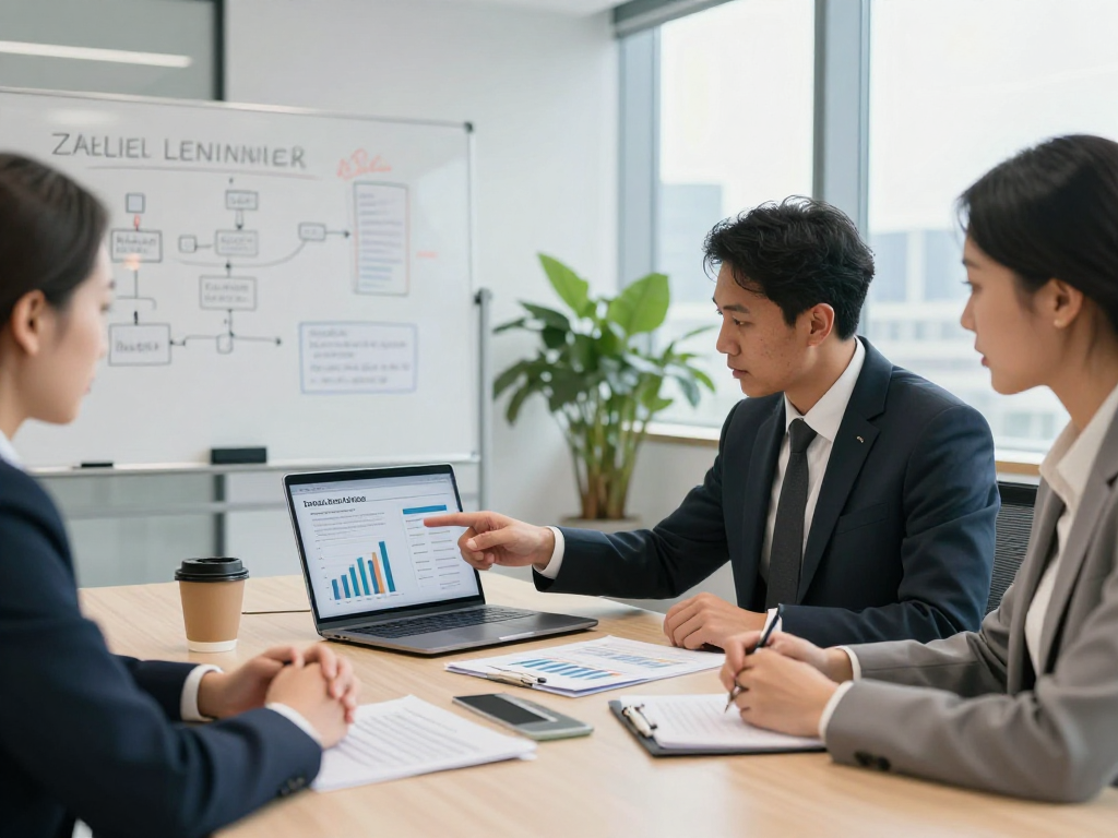Professionals bespreken zakelijke lening opties in een modern kantoor met financiële rapporten.