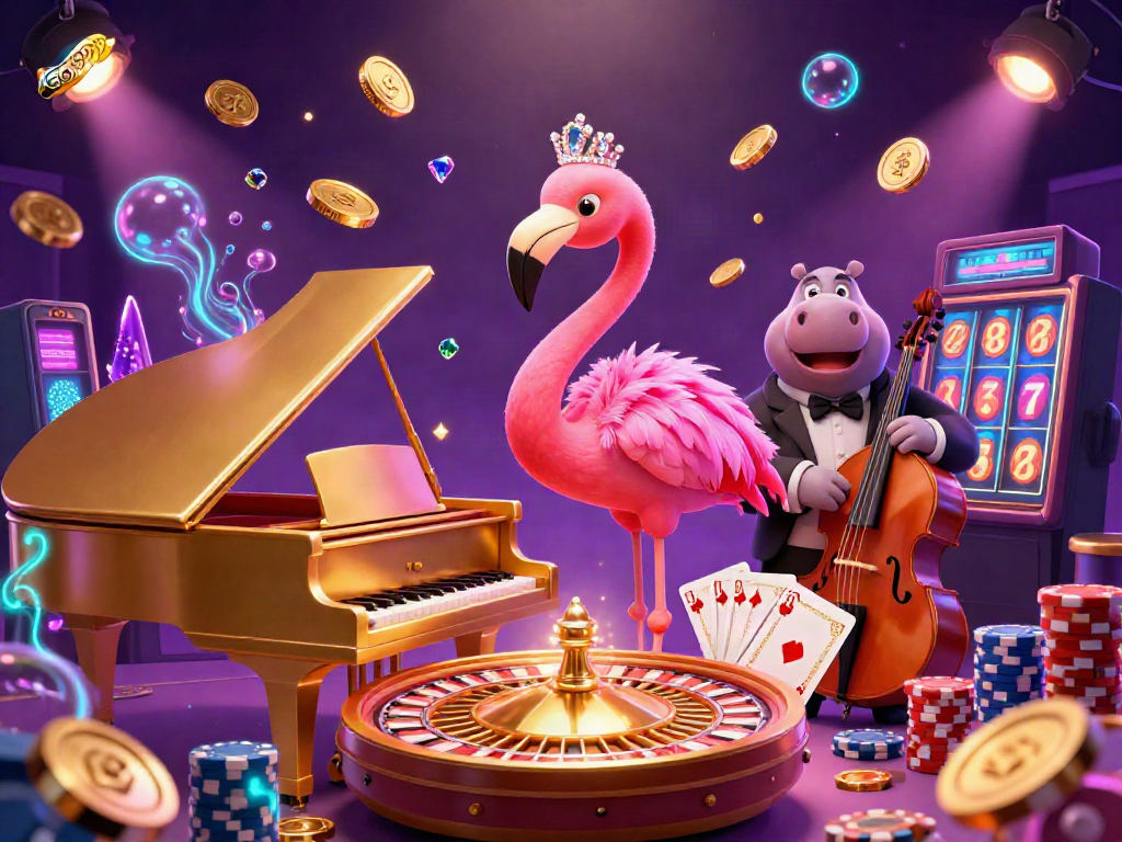 Experience lively gaming with GO999 showcasing a vibrant casino scene featuring a flamingo lounge singer and a hippo bassist.