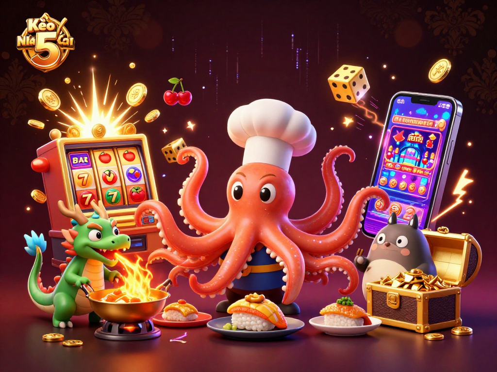 Kèo Nhà Cái 5 showcases an extraordinary 3D scene with a sushi chef octopus preparing winning dishes amidst casino elements.