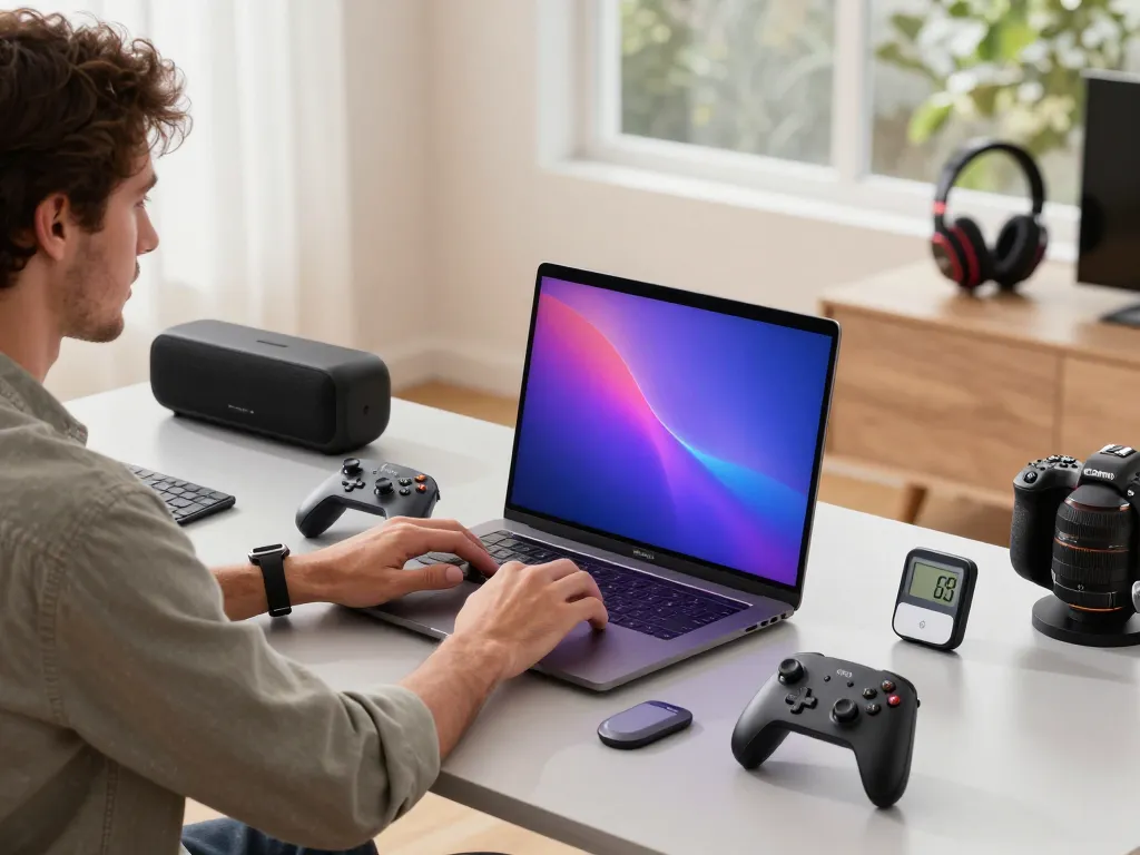 Engaging scene featuring trending tech gadgets, including Bluetooth devices like the 8BitDo Ultimate 2 controller and Tile Mate, in a modern home office.