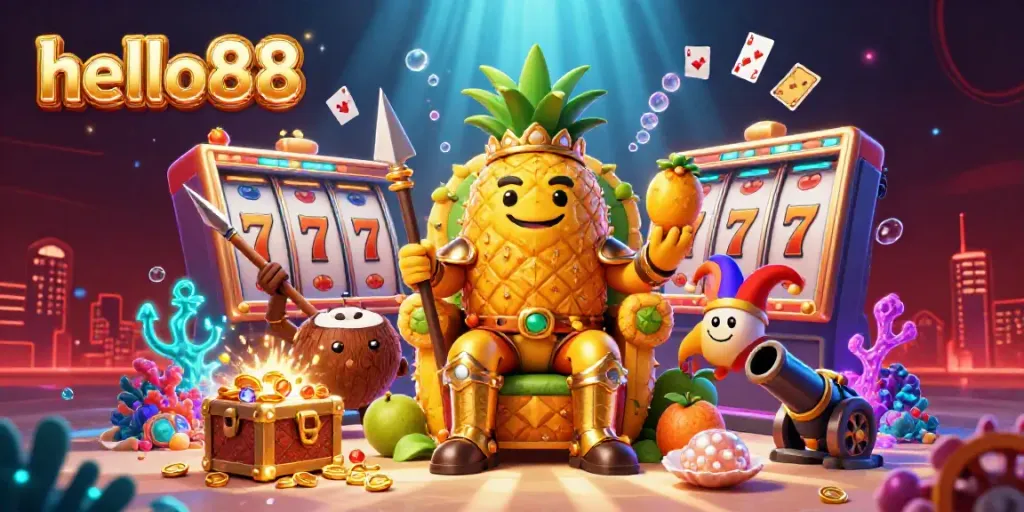 Engage with hello88 in a vibrant cartoon casino scene featuring a golden pineapple king, lively game elements, and bioluminescent effects.