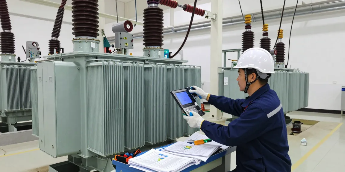 Technicus inspecteert een 36 kV transformator in een industrieomgeving met gereedschap.