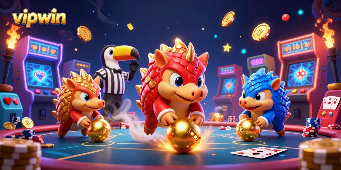 Experience fast-paced action with vipwin as rival pangolins roll into golden balls, surrounded by colorful casino elements.