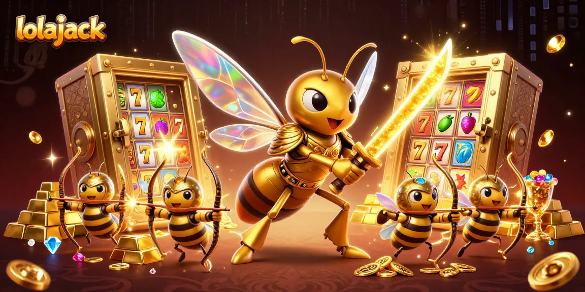 Experience thrilling wins with lolajack, showcasing a golden hornet warrior amidst dazzling gaming treasures.