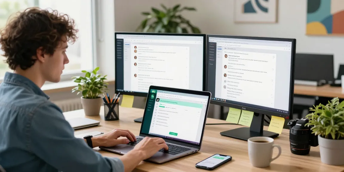 Person using WhatsApp網頁版 on laptop in a bright office workspace, showcasing productivity.