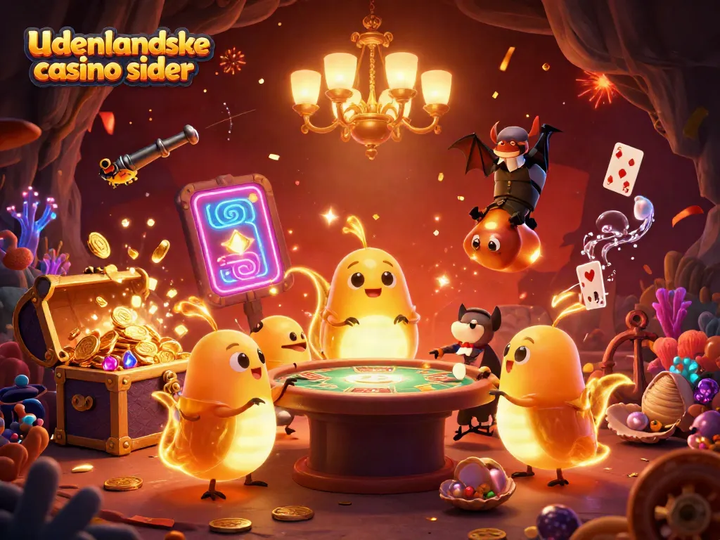 Light up your gaming with udenlandske casino sider, featuring glowworms and a bat dealer in a vibrant casino scene.