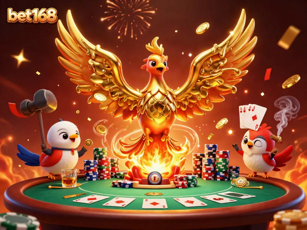 Engage with bet168 experience featuring a molten phoenix and poker action in a vibrant casino scene.