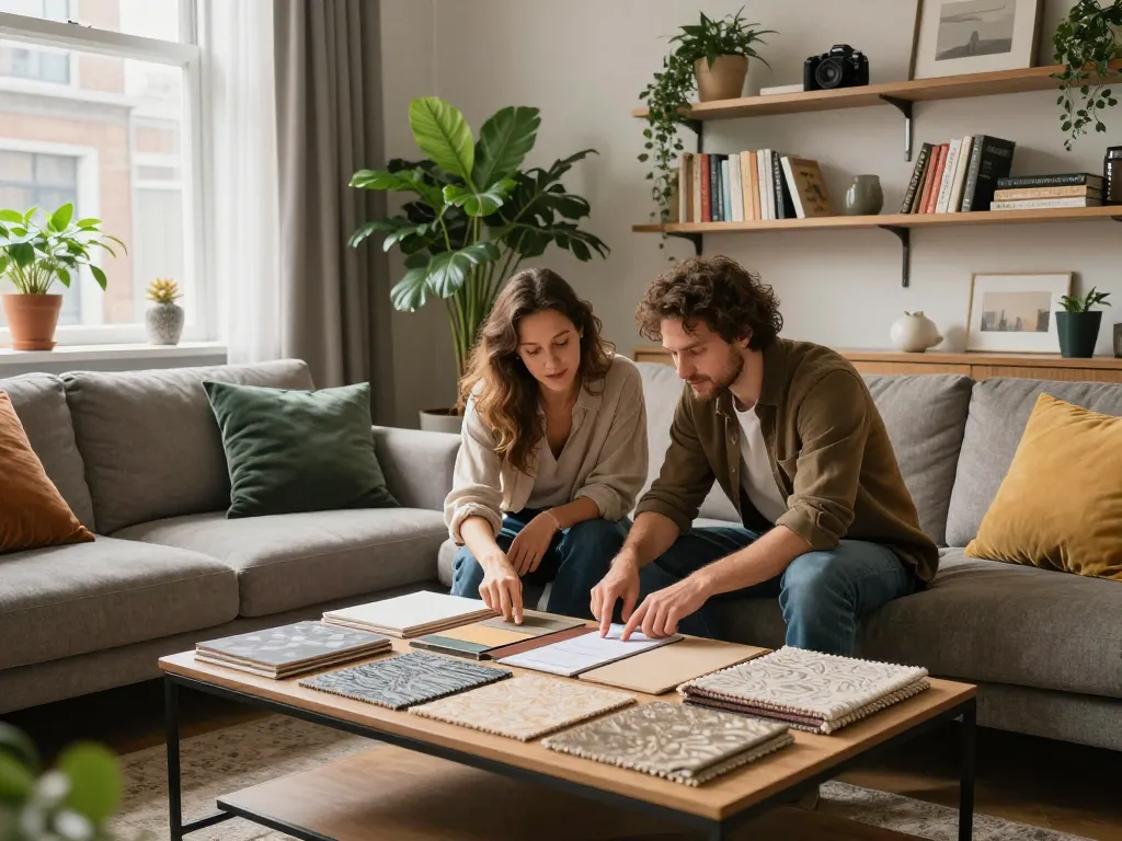 Koppel bespreekt woningrenovaties in een stijlvolle woonkamer in Utrecht, met de focus op verbouwing en verhuizing Utrecht.