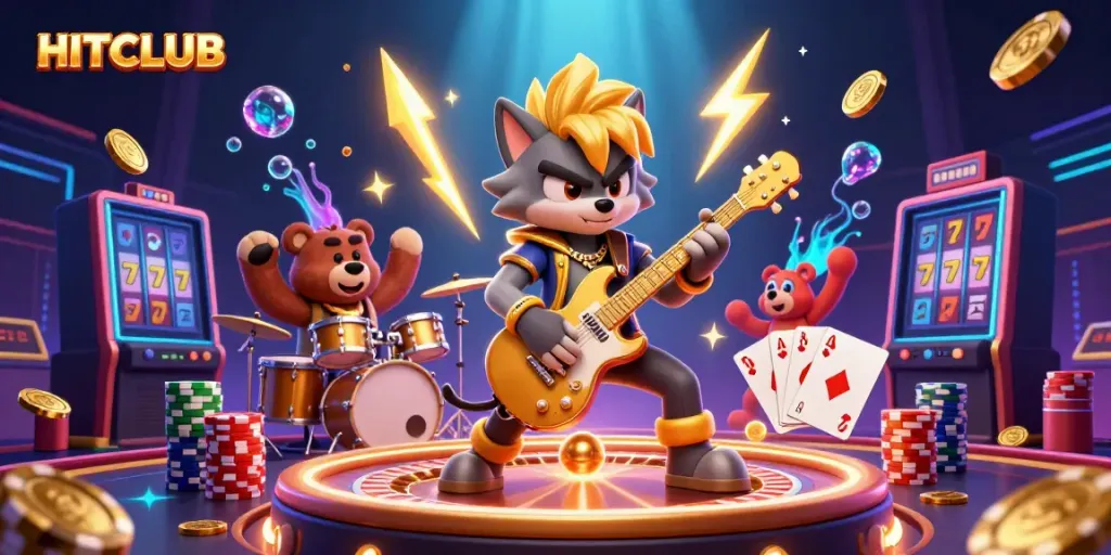 HITCLUB online casino scene with a rock star wolf and drummer bear amidst golden coins and casino elements.