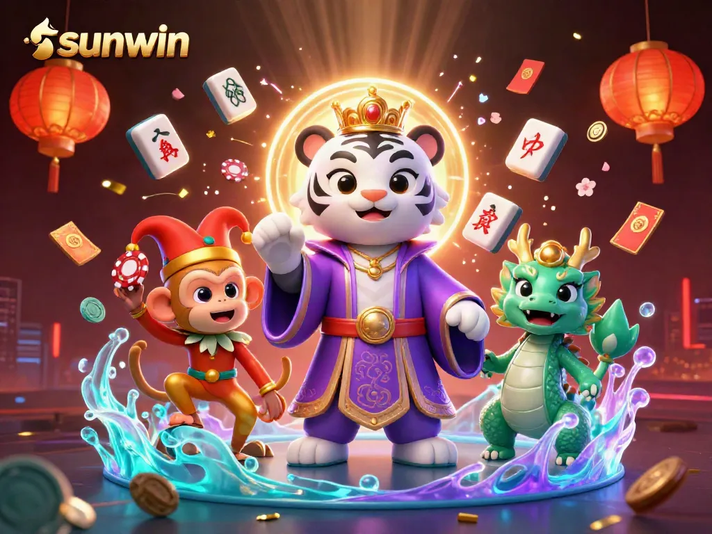 Join the fun at sunwin with a vibrant scene of a white tiger, monkey, and jade dragon celebrating gambling luck.