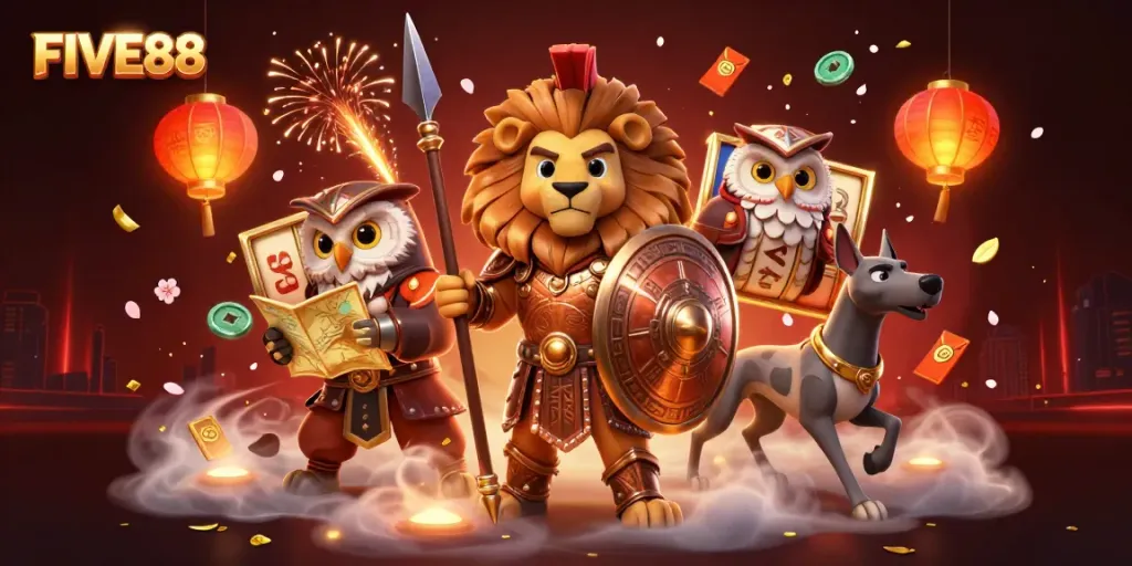 Experience thrilling gaming with FIVE88 amidst vibrant slots and festive decorations.