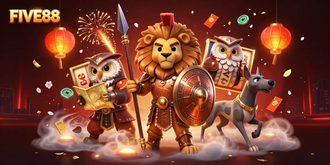 Experience thrilling gaming with FIVE88 amidst vibrant slots and festive decorations.
